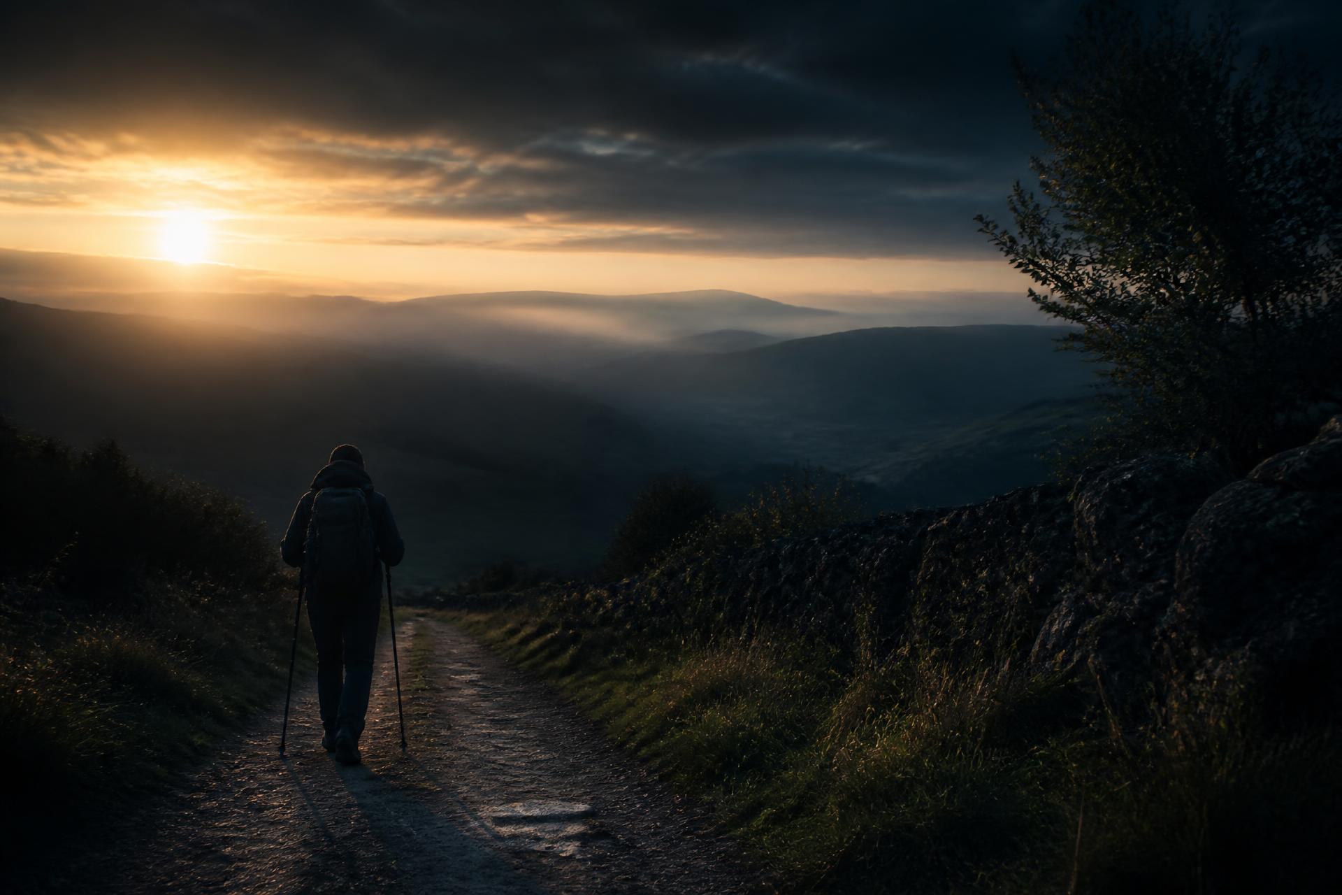 Peregrino caminando al amanecer por el Camino de Santiago